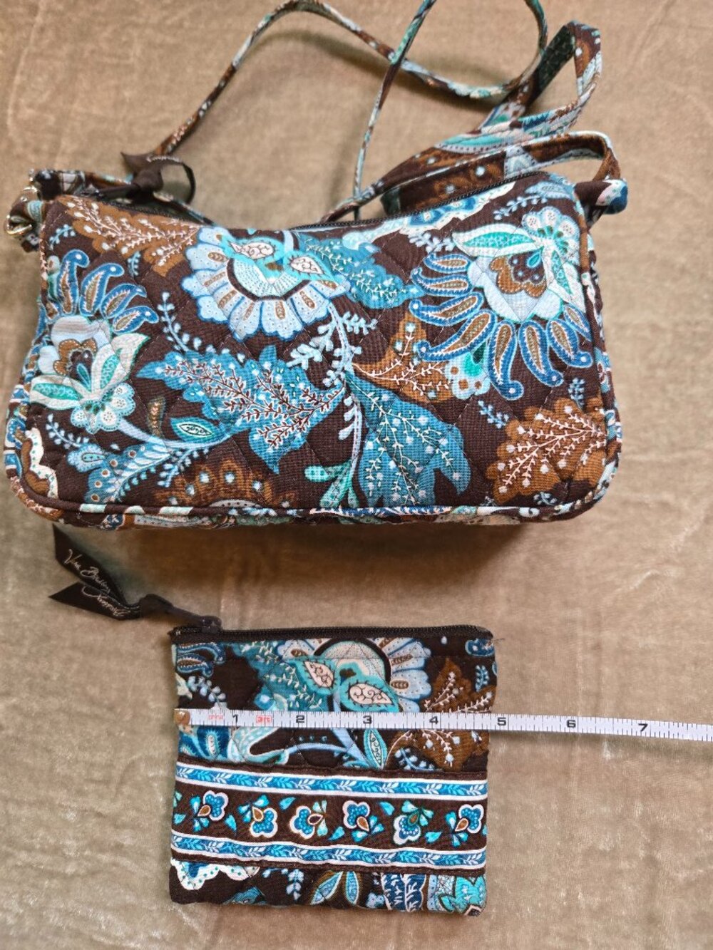 Vera Bradley Floral Shoulder Bag Set – Blue Brown Paisley Quilted Purse + Pouch - Picture 5 of 7